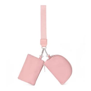 Imagem de Pequena bolsa de pulso portátil dupla, bolsa de moedas destacável, presente para mulheres ao ar livre, mini porta-moedas para cartão de banco, rosa, Chique
