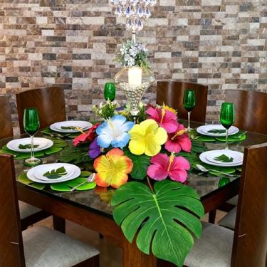 Imagem de 10 peças de folhas artificiais para decoração de festa, folha de tartaruga, hibisco, simulação de flores, folhas artificiais para festa, selva, praia, churrasco, aniversário, decorações de mesa