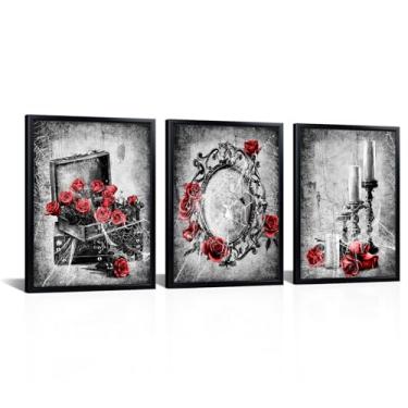 Imagem de LevvArts Arte de parede gótica, decoração de banheiro rosa vermelha preta e branca, decoração de parede vintage Famrhouse Cabin 30 x 40 cm x 7 cm (vermelho)