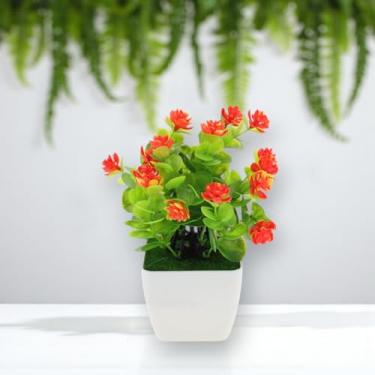 Imagem de Generic 1 peça de arranjo artificial de plantas artificiais de eucalipto e lótus vermelho pôr do sol 7,5 x 7,5 x 19 cm