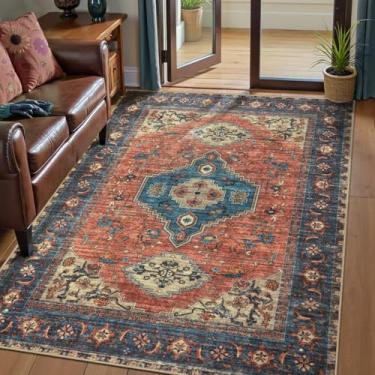 Imagem de Tangsoo Tapetes laváveis 7,5 x 12,5 cm, tapete vintage antiderrapante, tapete de terracota envelhecido, tapete macio de pelo baixo para sala de estar, sala de jantar, quarto, cabeceira, entrada