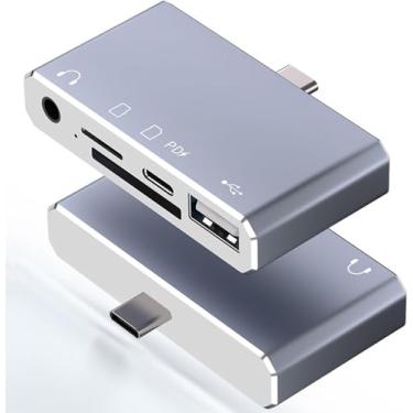 Imagem de Hub USB C 5 em 1, adaptador USB C com leitor de cartão SD/Micro SD, conector de fone de ouvido auxiliar de áudio de 3,5 mm, adaptador USB OTG, PD de 100 W compatível com iPad Air/Pro, iPhone 15/16