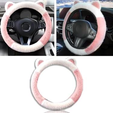 Imagem de Couslcd Capa de volante de carro, protetor de volante fofo com orelhas de gatinho, pelúcia macia e fofa para aquecer o inverno, ajuste universal de 38 cm para carro, SUV, elástico e antiderrapante