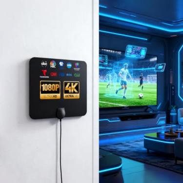 Imagem de Antena de TV interna de longo alcance 1400 milhas, suporta recepção de sinal de Smart TV 4K 1080p com amplificador de sinal, cabo coaxial HDTV de 15 pés