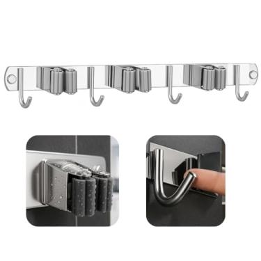 Imagem de Suporte para Parede Porta Vassoura 3 Encaixes + 4 Ganchos de Aço Inox Prendedores Multiuso Reforçado Rodo Acessórios Ferramentas Pendurador Não Enferruja Prova de Água Utensilios Limpeza Cabideiro