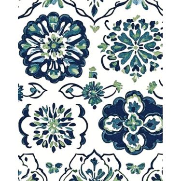 Imagem de Papel de parede floral azul safira boho branco marinho papel de contato folha verde mural para quarto banheiro vinil impermeável autoadesivo removível locatário dormitório papel de parede 44,5 cm x