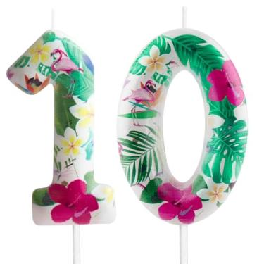 Imagem de Vela de 10º aniversário, flamingo, número 10 velas, enfeite de bolo de flamingo, decorações de festa de aniversário, flores tropicais brancas havaianas temáticas para crianças, meninos, meninas