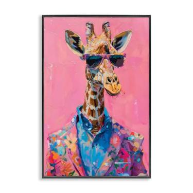 Imagem de Stupell Industries Girafa de terno floral sobre arte giclée emoldurada rosa cinza, design por LSR Design Studio, 61 x 40 cm