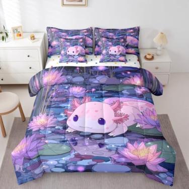 Imagem de Conjunto de edredom solteiro de desenho animado com estampa de tritão, oceano azul, 7 peças, kawaii, roxo, estético, jardim, flores, cama, animal, anfíbio, salamandra, decoração