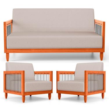 Imagem de Kit 02 Poltronas E 01 Sofá Samoa Madeira Maciça Com Cordas Náutica Linho Rústico Areia - Abmaza