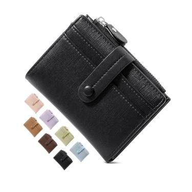 Imagem de Carteira feminina com bloqueio de RFID, pequena, compacta, dobrável, bolso duplo, mini bolsa feminina com janela para identidade, Preto, Carteira feminina simples e moderna