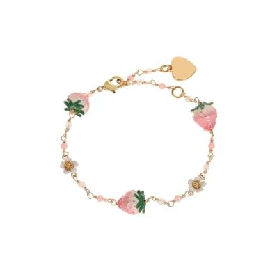 Imagem de Pulseira feminina elegante e versátil - flor branca elegante, pingente de morango rosa, joias de design boêmio fresco e doce, presente de amizade perfeito para amigos e entes queridos