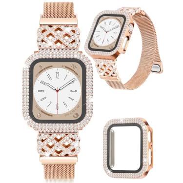 Imagem de Pulseira de metal feminina de 41 mm com capa de relógio brilhante, pulseira magnética elegante de ouro rosa para Apple Watch séries 9 8 7 para meninas, elegante pulseira de aço inoxidável para iPhone
