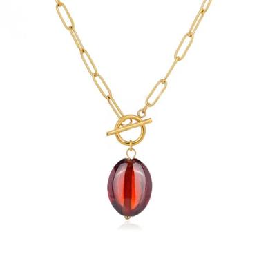 Imagem de TaYolnFaSo Colar com pingente de pedra preciosa de pérola, clipe de papel, banhado a ouro 18 quilates, clipe de papel, joia de presente de Natal para mulheres, Aço inoxidável, Granada