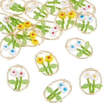 Imagem de Spritewelry Amuletos de flores com contas de semente de vidro, moldura de liga oval, pingente floral com contas de sementes para fazer joias, colar, pulseira, brincos, artesanato