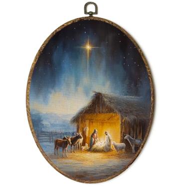 Imagem de Lengues Arte de parede oval de cordeiro de presépio vintage, decoração de parede oval de Jesus Cristão, Cottagecore Estrela de Belém tela suspensa de Natal para decoração de quarto de casa 21 x 29 cm