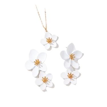 Imagem de DATOA Elegante colar floral com brincos para mulheres, conjunto de joias de flores e folhas coloridas, Metal, Sem Pedra Preciosa