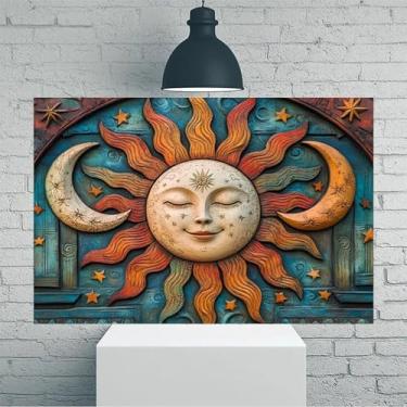 Imagem de Arte popular em tela rústica vintage, luas, estrelas, sol, rosto, luas, estrelas, arte de parede - Pôster sem moldura de 30 x 45 cm - Ideia de presente para decoração de casa e escritório para sala de
