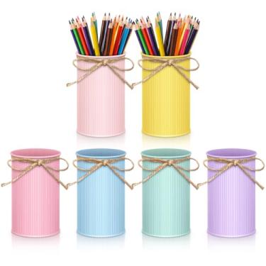 Imagem de Domensi 6 peças de porta-lápis de metal pastel, copo de giz de cera, baldes de metal, potes de pedreiro com laço de barbante, pequenos vasos de lata galvanizados para flores artificiais, sala de aula
