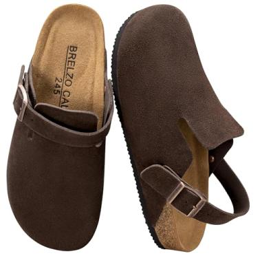 Imagem de Brelzo Calvior Tamancos de camurça para mulheres e homens, sapatos de batata macia, sem cadarço, com suporte de arco e fivela ajustável, antiderrapante, Café, 9 Women/8 Men