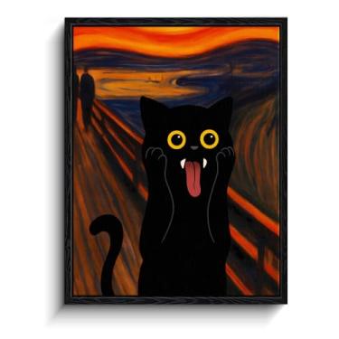 Imagem de Arte de parede emoldurada de gato preto, desenho animado de gato preto inspirado no grito expressionista impressão de arte texturizada, pôsteres ecléticos de gato para quarto, sala de estar, banheiro