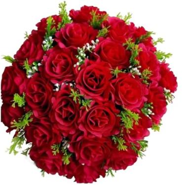 Imagem de Buquê de rosas com folhagem - Arranjo Floral Decorativo para Mesa, Sala de Estar, Eventos e Presentes - Beleza Eterna e Realista(Vermelho,3 Unidade)