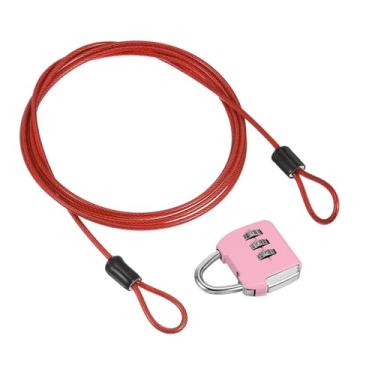 Imagem de PATIKIL Cabo de aço de segurança com trava de combinação de 3 dígitos, 1 conjunto de cadeado de viagem revestido de 1,5 m, corda de fio de segurança com laço duplo para mala de bagagem, vermelho, rosa