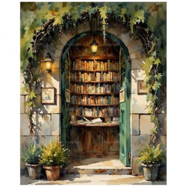 Imagem de Kit de pintura por números de livraria para adultos - Biblioteca DIY ao ar livre com pintura de hera e lanternas em tela 40,6 x 50 cm, conjunto de tinta acrílica, adequado para iniciantes, arte para