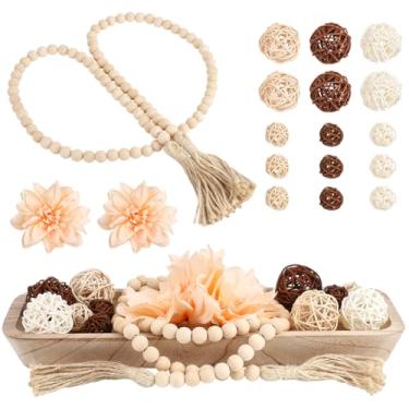 Imagem de FREEBLOSS Tigela de massa de madeira para decoração de tigela de madeira com 15 bolas de vime flores artificiais decorativas para mesa de entrada, sala de jantar, decoração de cozinha, 41 cm C x 15 cm