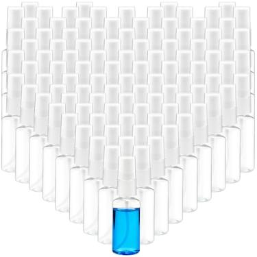 Imagem de KoMvzyl 100 minifrascos de spray de 28,3 g, pequenos frascos de spray de névoa fina de plástico transparente com pequenos funis garrafas de plástico vazias para óleos essenciais, perfumes de viagem