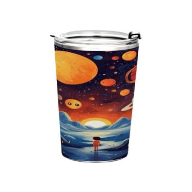 Imagem de Blueangle Copo de 340 g com tampa e canudo, copo de café com água isolada a vácuo de aço inoxidável, caneca térmica de desenhos animados espaciais para bebidas quentes e frias (120)