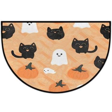 Imagem de Tapete de porta meio redondo, fantasmas de Halloween, gato, antiderrapante, absorvente, semicírculo, tapetes laváveis, meia lua, tapetes para interior, pátio, cozinha, banheiro, entrada, lareira