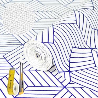 Imagem de Forros de prateleira para armários de cozinha 30,5 cm x 20 pés, forro de armário não adesivo forte antiderrapante branco e azul geométrico, fácil de limpar para prateleira, armário com faca e fita