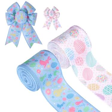 Imagem de 2 rolos de fitas com fio de Páscoa, 6,3 cm x 10 metros, fita decorativa de coelhinho de ovo de Páscoa, fita colorida para festa de fim de ano, embrulho de presente, guirlanda de laço, artesanato faça