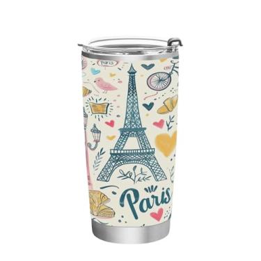 Imagem de Wassud Copo de desenho animado Torre Eiffel de 590 ml com tampa e canudo de parede dupla de aço inoxidável copo isolado caneca de café de viagem para bebidas frias e quentes