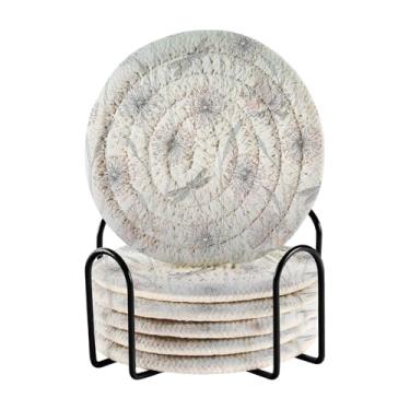 Imagem de GakkiGii Conjunto de 6 porta-copos redondos absorventes de libélulas e dente-de-leão com suporte, porta-copos de tecido para mesa de centro, bar, decoração de cozinha