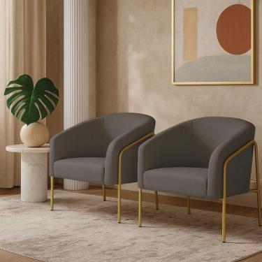 Imagem de Poltrona Sala Industrial Alta Dourado Kit 2 Stella Suede Grafite D03 -