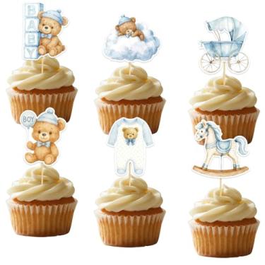 Imagem de 36un Toppers Cupcakes de Urso Bebê, 6 Estilos Decorações Cupcakes Bebê Menino con Urso Cavalinho Balanço Nuvem Carrinho Elementos Decorativos para Artigos Festa Temática Aniversário