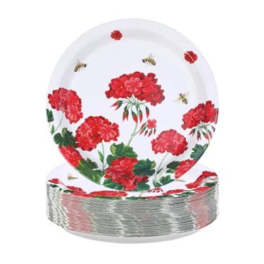Imagem de Greencian 50Pcs Welcome Spring Geranium Party Decoration 9" Heavy Duty Red Geranium Flower Paper Plates Disposable Summer Bee Red Floral Plates for Spring Party Bridal Wedding Baby Shower Supplies