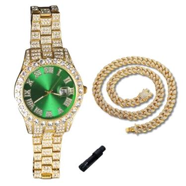 Imagem de genkigold Relógio de diamante dourado para meninos adolescentes - mostrador redondo com algarismos romanos de 42 mm em três cores - pulseira banhada a ouro real 18K de 20 cm - Inclui ferramenta de