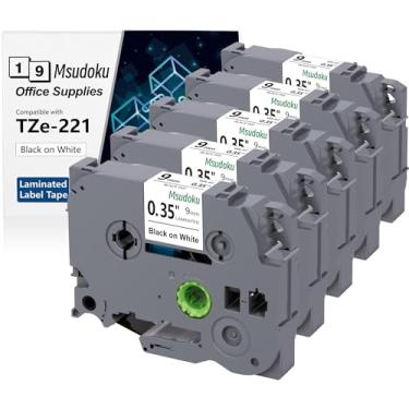 Imagem de Msudoku Pacote com 5 fitas adesivas TZe221 compatíveis com Brother TZe TZ Fita branca laminada de 9 mm 0,35 TZe-221 TZ221 para Ptouch PTD210 PTD200 PTH220 PTD400 PTD600 PTH110 PT1290 etiquetadora, 0,9