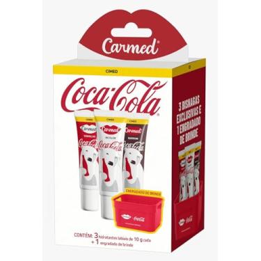 Imagem de Kit Hidratante Labial Carmed Coca-Cola Cor Vermelho, Incolor e Marrom 10g Cada + Engradado