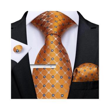 Imagem de Gravata Masculina Social Listrada Lisa De 8cm Com Abotoaduras E Lenço 