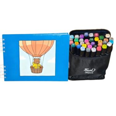 Imagem de Kit Livro Caderno de Colorir Capa Dura Espiral 50 Folhas Azul com 36 Canetinhas Coloridas Bolsa de Transporte Preta, Ideal para Projetos Artísticos - Relaxamento e Criatividade para Todas as Idades