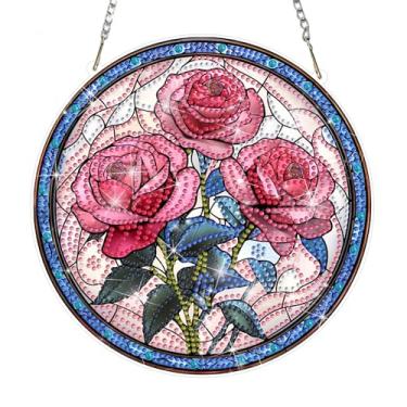 Imagem de NAIMOER Kits de pintura de diamante para adultos, kits de pendurar arte de diamante de rosas 5D, enfeite de pingente, arte de cristal de formato especial, kit de artesanato placa acrílica para