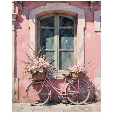 Imagem de Kit de pintura de bicicleta vintage por números para adultos - DIY bicicleta rosa com cestas de flores pintura em tela 40,6 x 50 cm, conjunto de tinta acrílica emoldurada, adequado para iniciantes