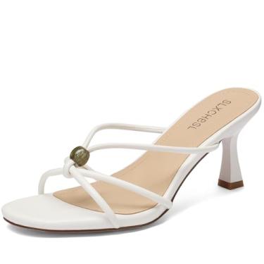 Imagem de SLXCHBSL Sandálias femininas de salto gatinho bico aberto redondo com tiras de salto baixo sem cadarço para vestido casual festa casamento confortável verão mules sapatos, Branco, 37