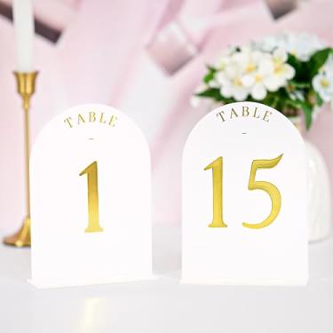 Imagem de Teruntrue Números de mesa de casamento em arco fosco 1-15 com suportes, placas de mesa de acrílico impressas em folha dourada 14 x 17 cm para recepção, aniversário, evento - monitores de mesa