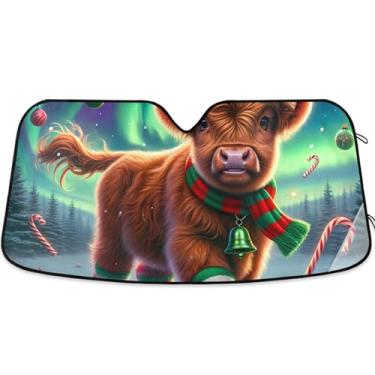 Imagem de Toldo de Natal Highland Cow bonito para para-brisa de carro bonito universal retrátil óculos de sol para janelas dianteiras floral automotivo M, 139,7 cm x 70,1 cm