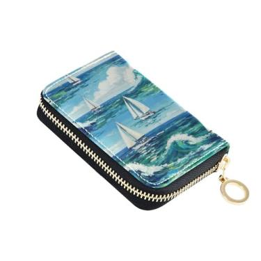 Imagem de GAIGEO Porta-cartões com bloqueio de RFID, carteiras femininas pequenas com zíper, bolsa de moedas com zíper, ondas em aquarela, veleiros, mar